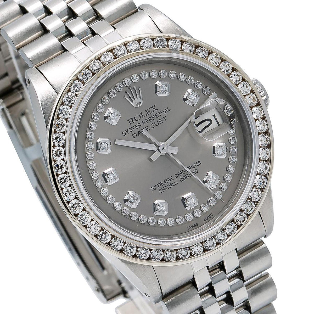 Pre-Owned Rolex Datejust 36MM 1601 Gray Diamond Dial Diamond Bezel Stainless Steel Jubilee Bracelet