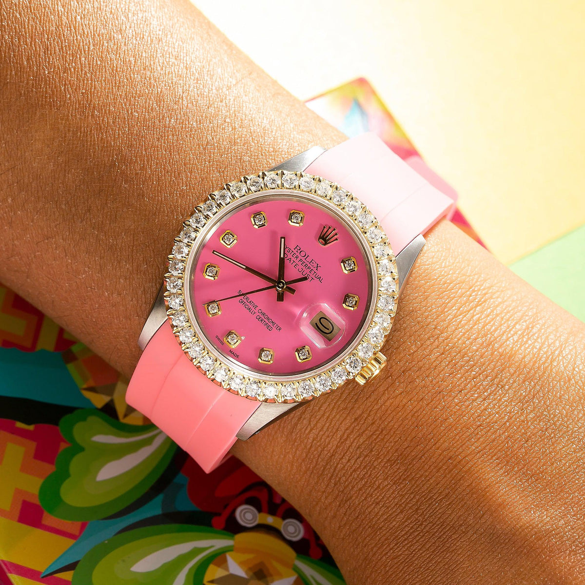 Pre-Owned Rolex Datejust 36MM 16014 Pink Diamond Dial Diamond Bezel Pink Rubber Strap