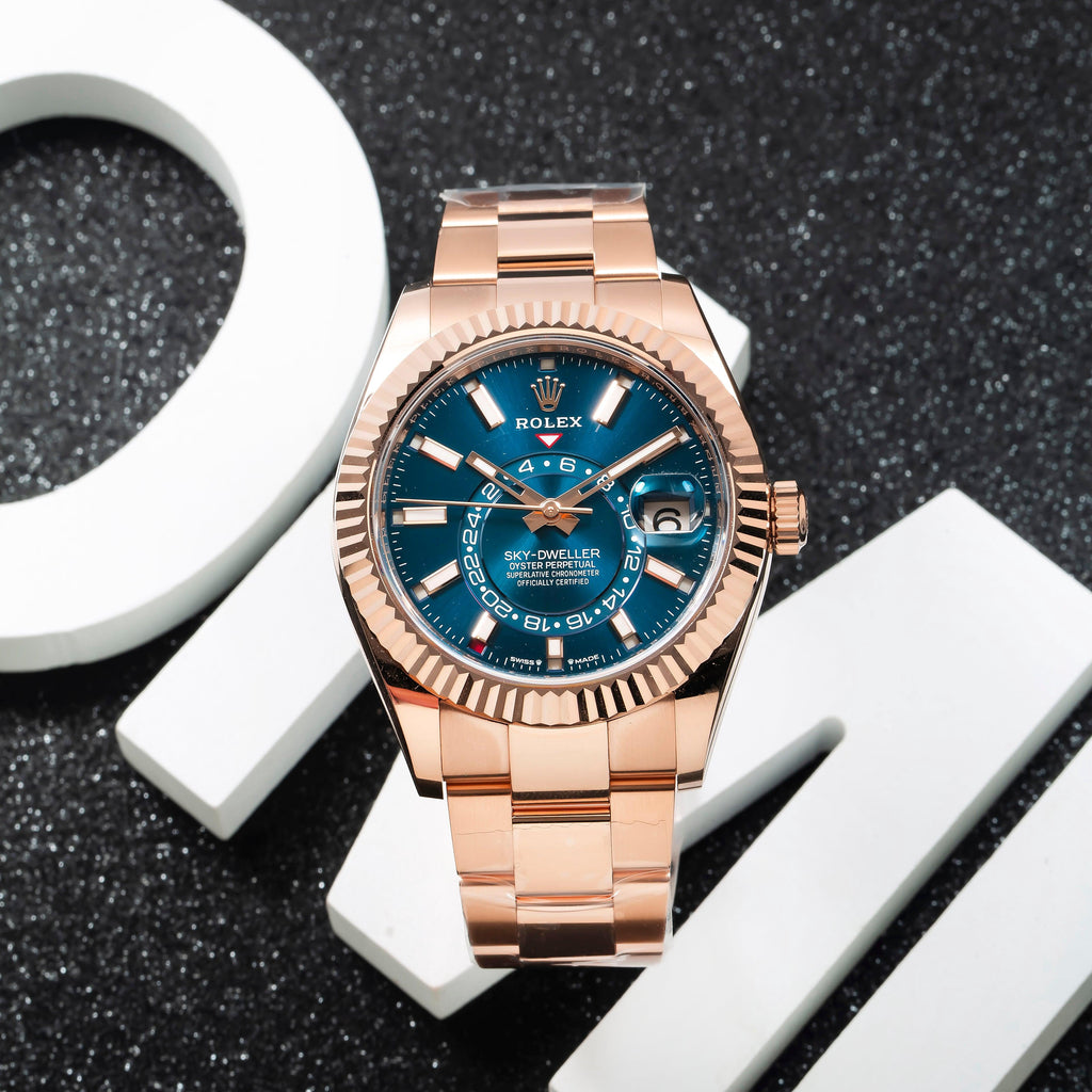 Pre-Owned Rolex Sky-Dweller 42MM 336935 Blue Dial Fluted Bezel 18K Rose Gold Oyster Bracelet