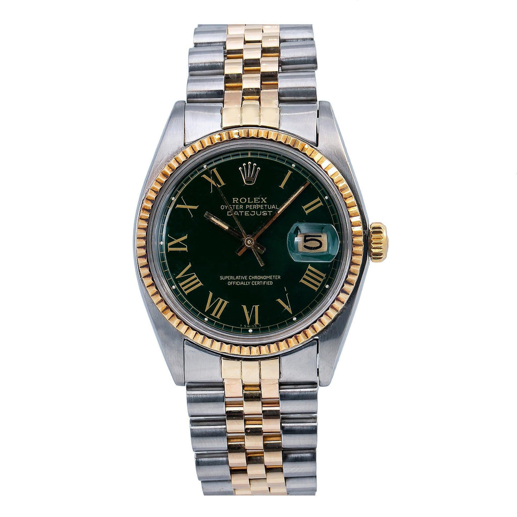 Pre-Owned Rolex Datejust 36MM 1601 Green Roman Dial Fluted Bezel Two Tone Yellow Gold Jubilee Bracelet