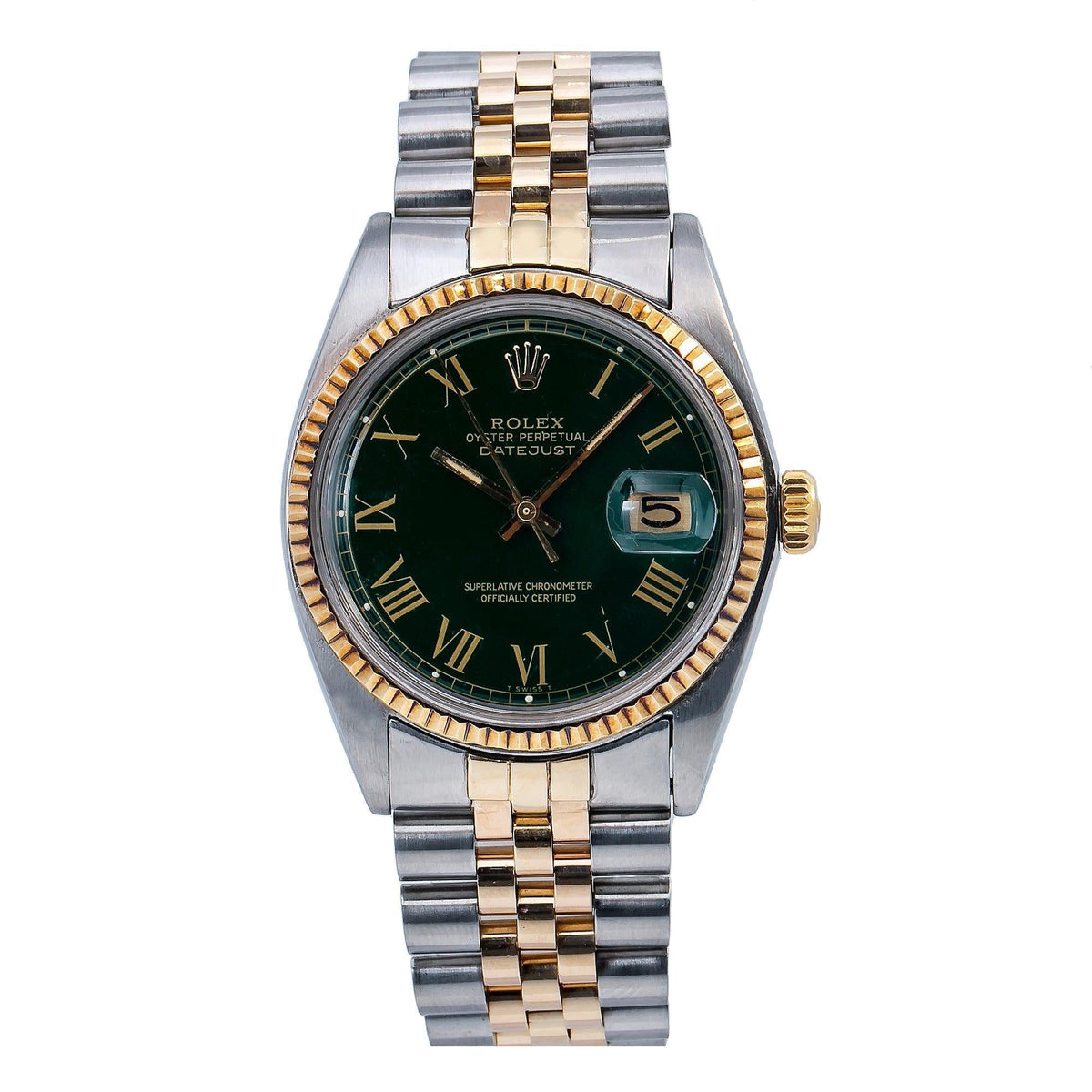 Pre-Owned Rolex Datejust 36MM 1601 Green Roman Dial Fluted Bezel Two Tone Yellow Gold Jubilee Bracelet