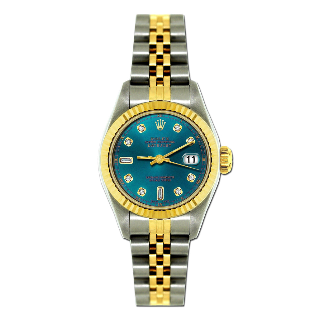 Pre-Owned Rolex Datejust 26MM 69173 Turquoise Diamond Dial Fluted Bezel Two Tone Yellow Gold Jubilee Bracelet