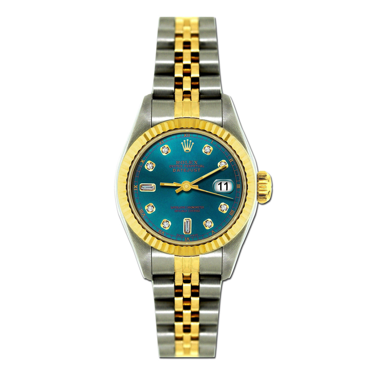 Pre-Owned Rolex Datejust 26MM 69173 Turquoise Diamond Dial Fluted Bezel Two Tone Yellow Gold Jubilee Bracelet