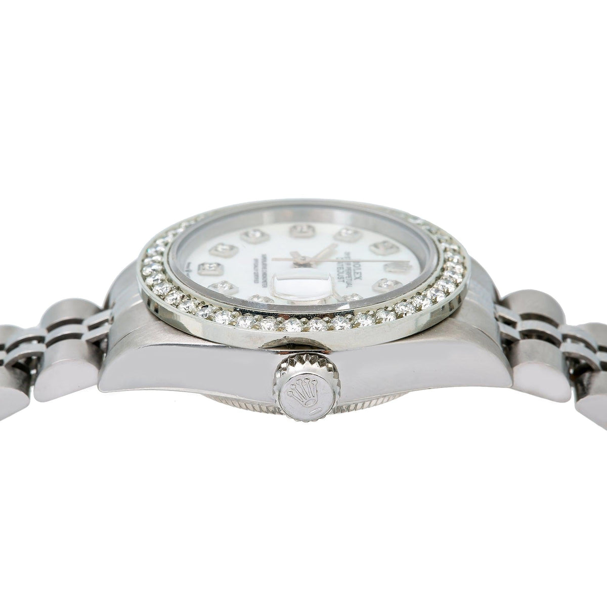 Pre-Owned Rolex Datejust 26MM 6917 White Mother of Pearl Diamond Dial Diamond Bezel Stainless Steel Jubilee Bracelet