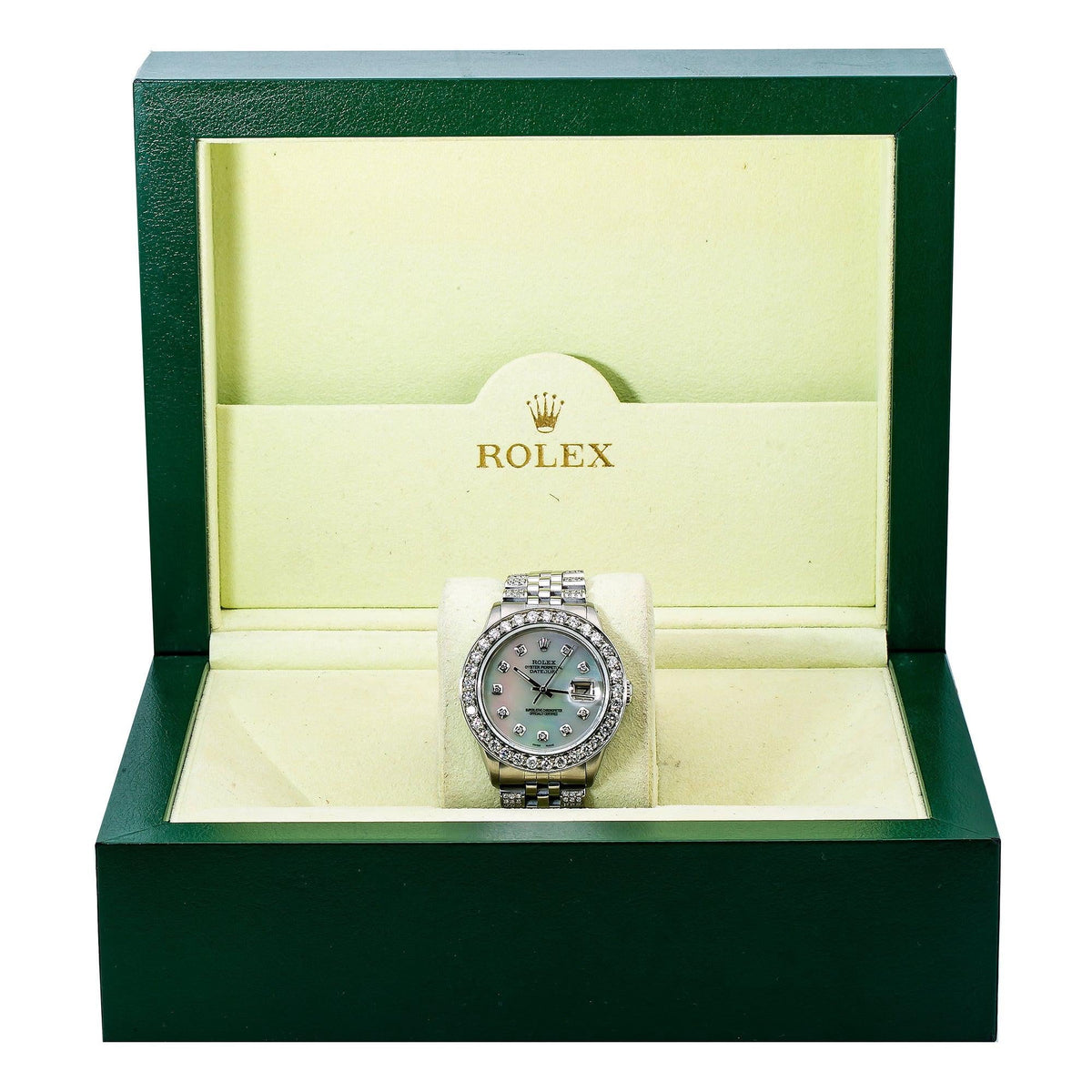 Pre-Owned Rolex Datejust 36MM 16234 White Mother of Pearl Diamond Dial Diamond Bezel Stainless Steel Semi Diamond Jubilee Bracelet