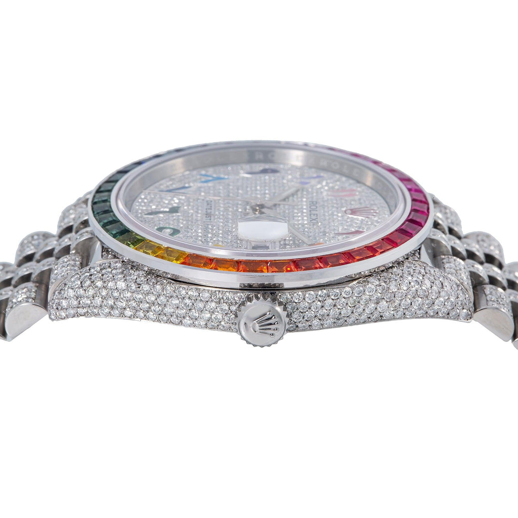 Pre-Owned Rolex Datejust 41MM 126300 Diamond Paved Rainbow Eastern Arabic Dial Rainbow Gemstone Bezel Stainless Steel Full Diamond Jubilee Bracelet 14.75ct