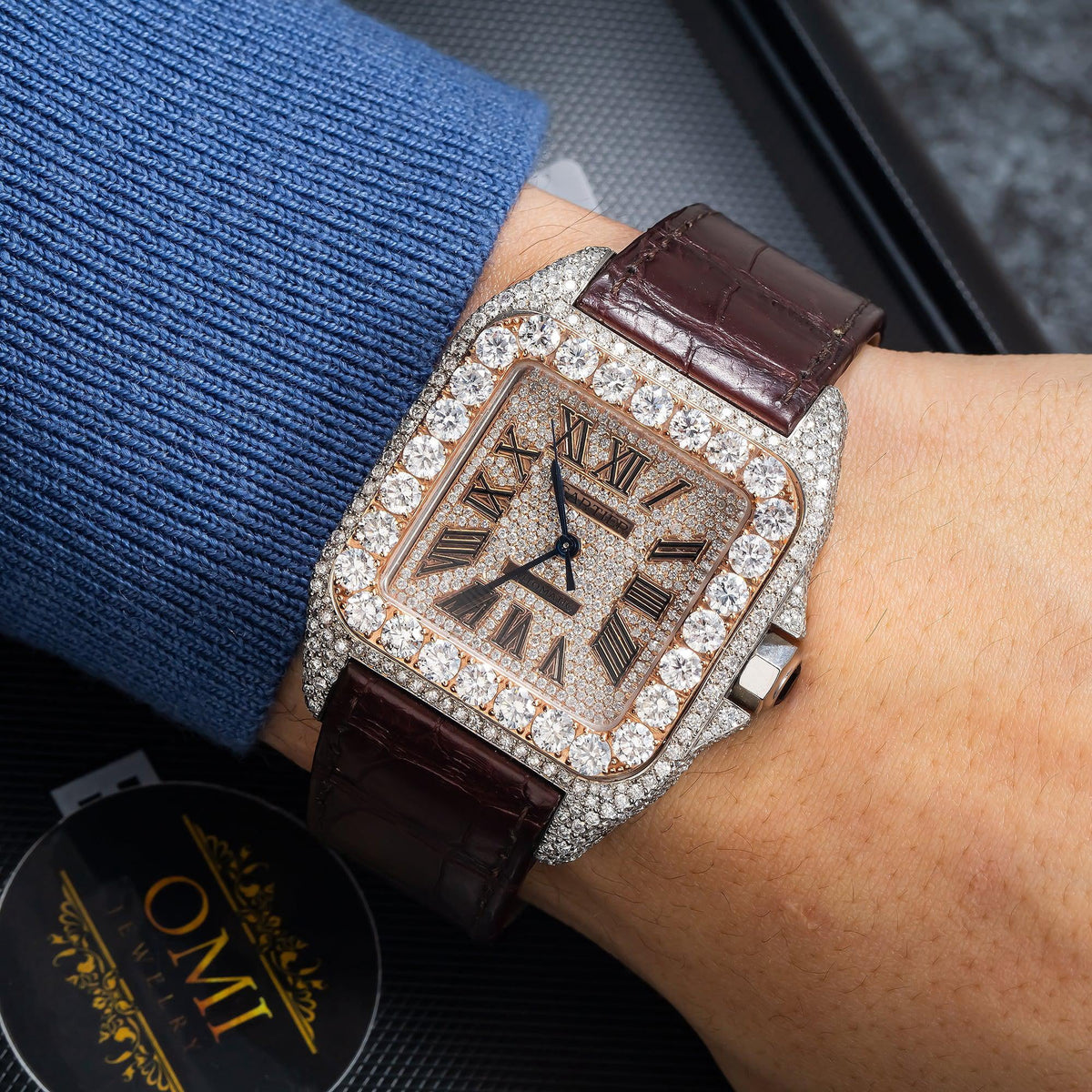 Pre-Owned Cartier Santos 100 38MM W20073X8 Champagne Roman Dial Diamond Bezel Brown Leather Strap 11.35ct