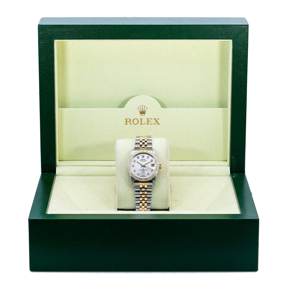 Pre-Owned Rolex Datejust 31MM 6824 Silver Diamond Dial Diamond Bezel Two Tone Yellow Gold Jubilee Bracelet