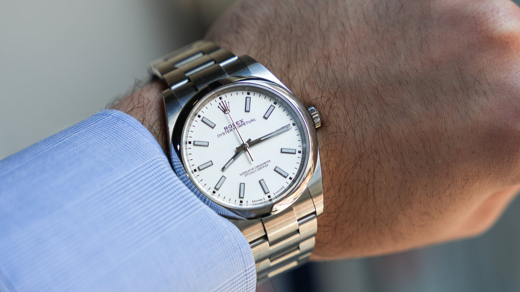 Pre-Owned Rolex 39mm Oyster Perpetual White Rhodium Dial with Stainless Steel Oyster Bracelet 114300
