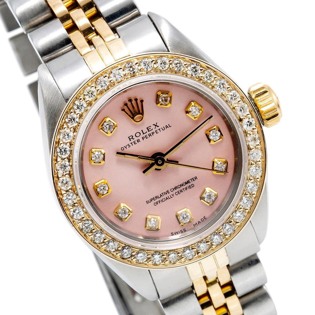 Pre-Owned Rolex Oyster Perpetual 26MM 67193 Pink Diamond Dial Diamond Bezel Two Tone Yellow Gold Jubilee Bracelet 1ct