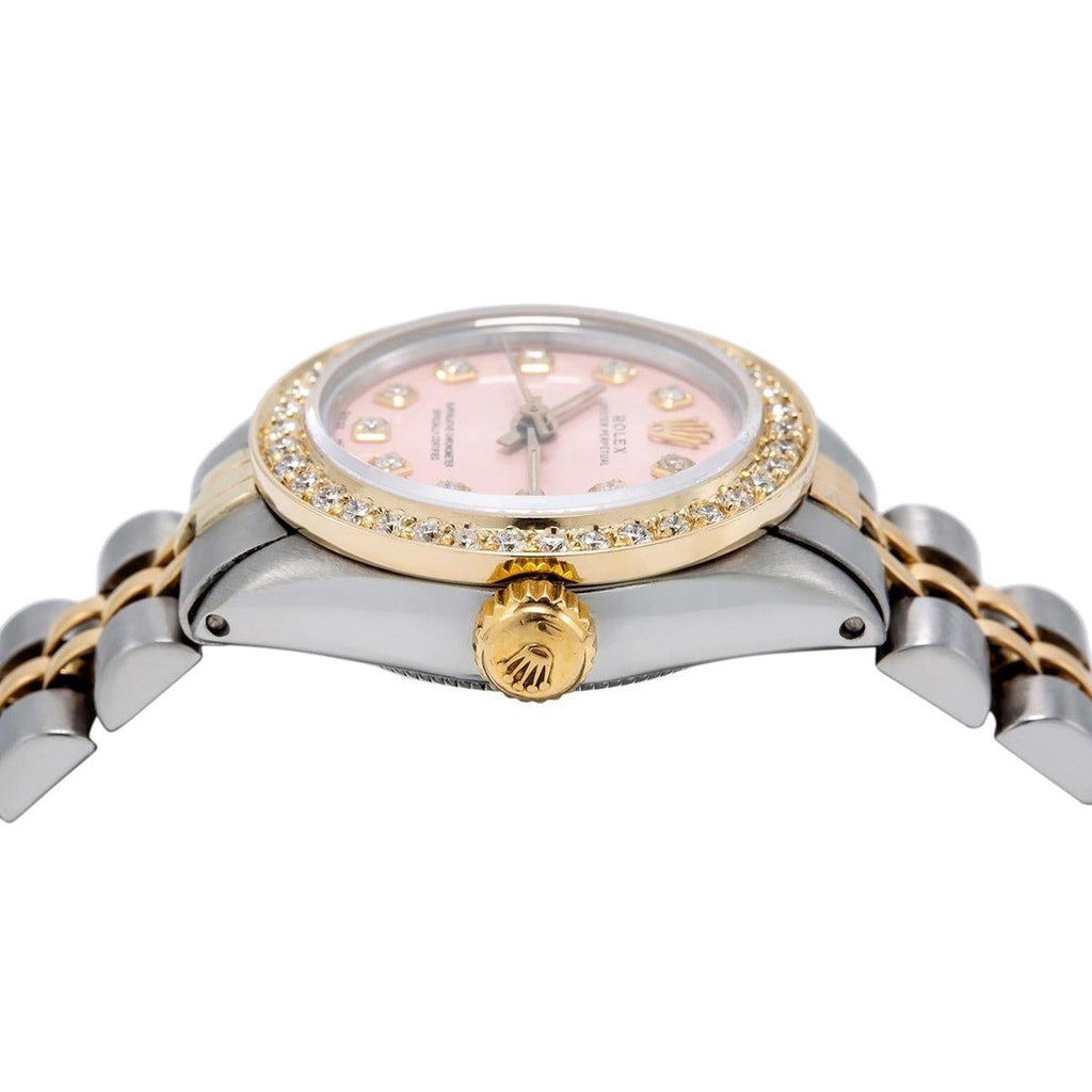 Pre-Owned Rolex Oyster Perpetual 26MM 67193 Pink Diamond Dial Diamond Bezel Two Tone Yellow Gold Jubilee Bracelet 1ct