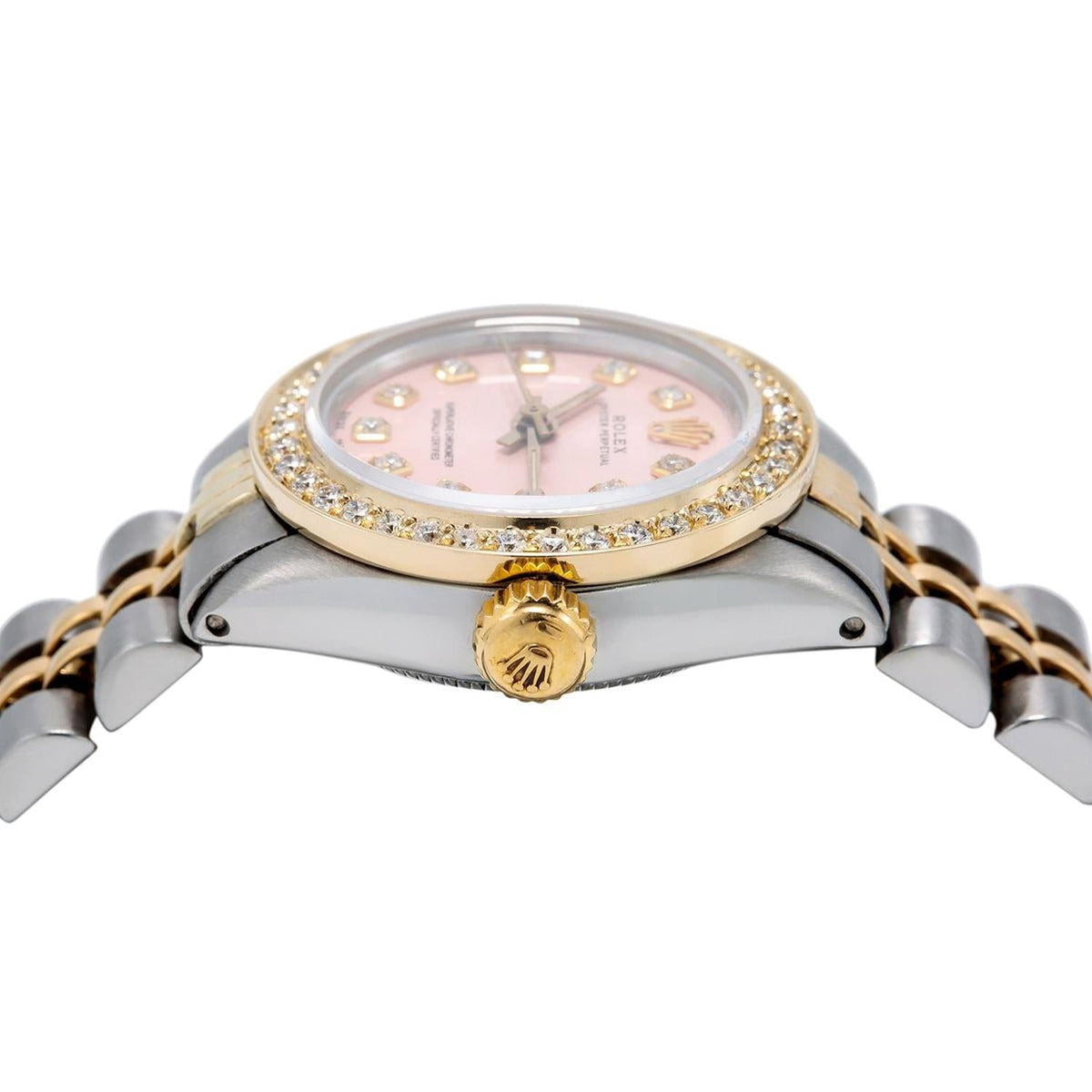 Pre-Owned Rolex Oyster Perpetual 26MM 67193 Pink Diamond Dial Diamond Bezel Two Tone Yellow Gold Jubilee Bracelet 1ct