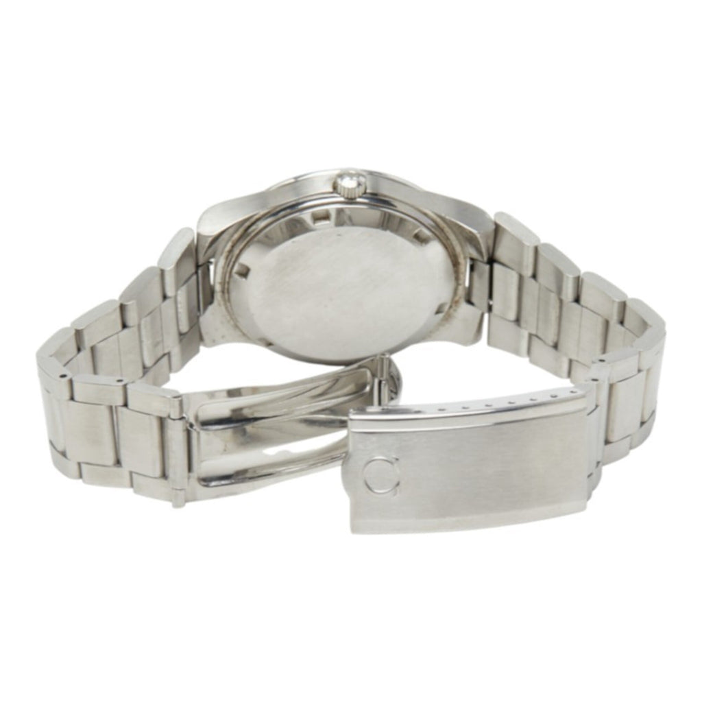 Pre-Owned Omega Geneve watch, Swiss-made quartz, silver dial, stainless steel, men's watch.