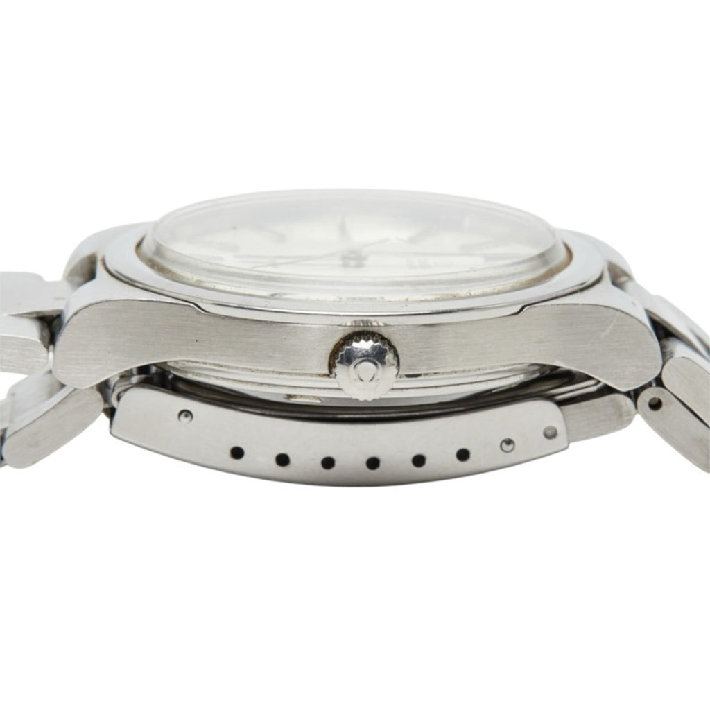 Pre-Owned Omega Geneve watch, Swiss-made quartz, silver dial, stainless steel, men's watch.