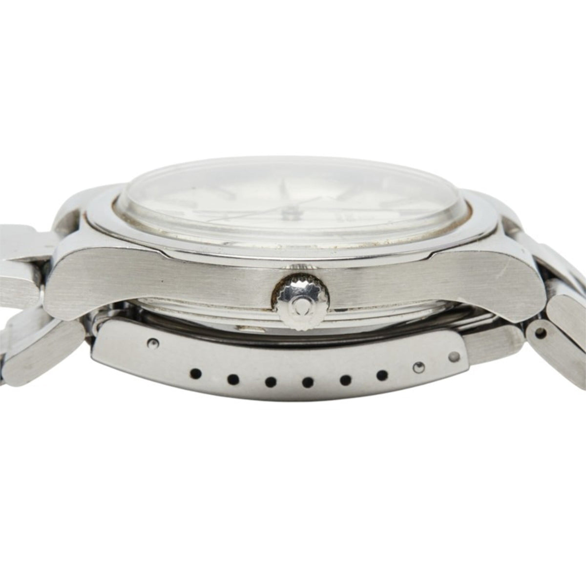 Pre-Owned Omega Geneve watch, Swiss-made quartz, silver dial, stainless steel, men's watch.