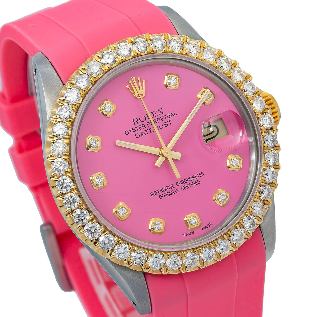 Pre-Owned Rolex Datejust 36MM 16014 Pink Diamond Dial Diamond Bezel Pink Rubber Strap