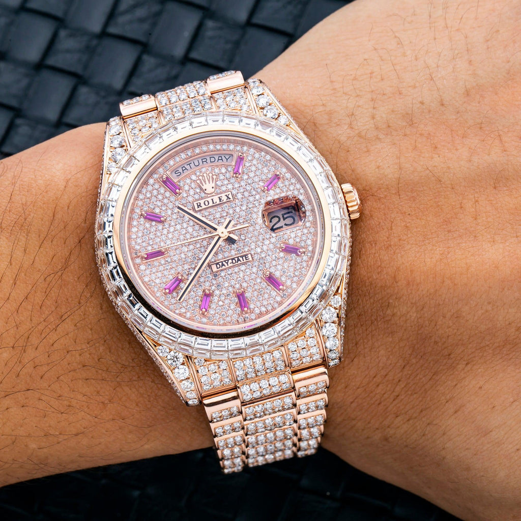 Pre-Owned Rolex Day-Date II 41MM 218235 Diamond Paved Pink Dial Diamond Bezel 18K Rose Gold Full Diamond President Bracelet 26.25ct