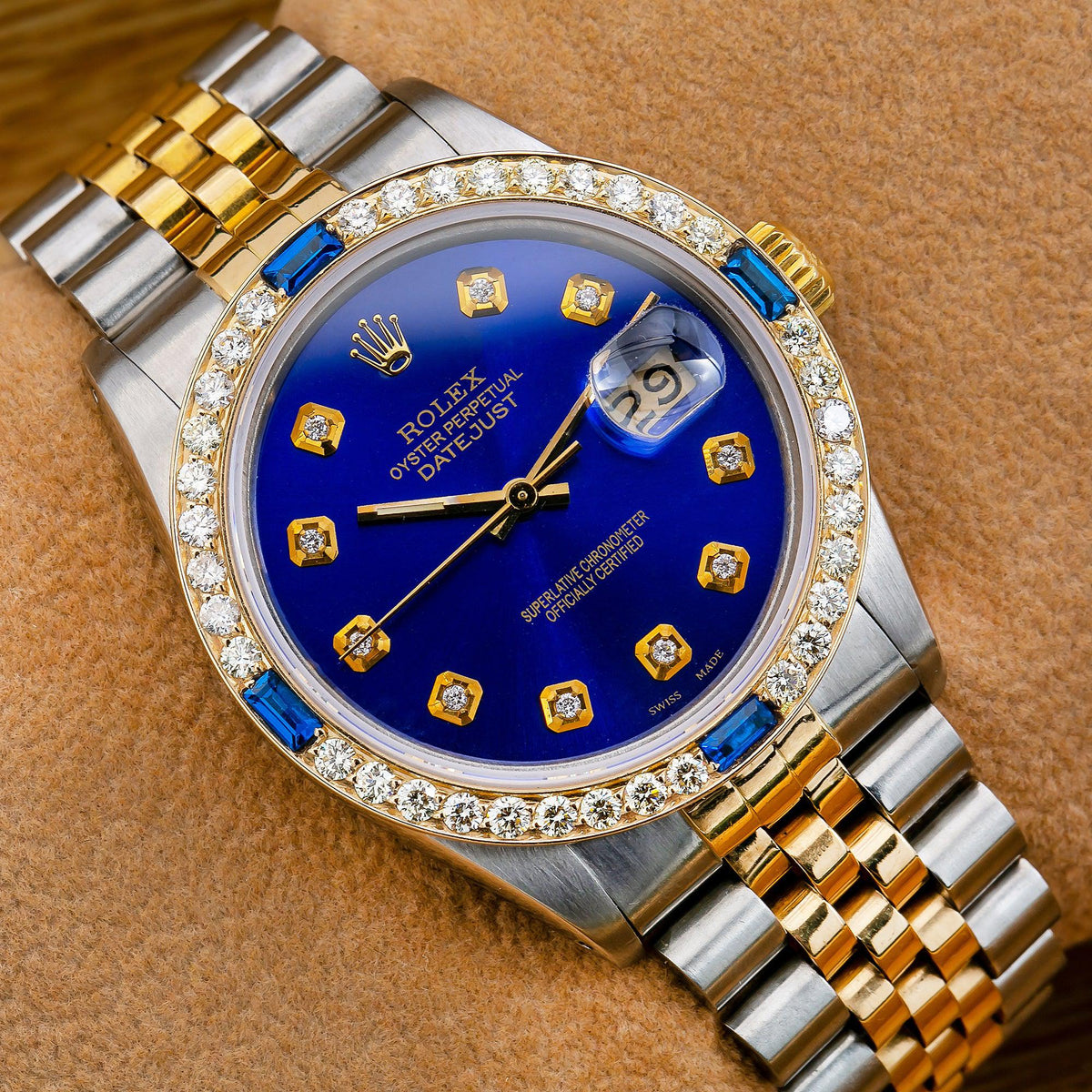 Pre-Owned Rolex Datejust 36MM 16013 Blue Diamond Dial Diamond Bezel Two Tone Yellow Gold Jubilee Bracelet 2ct