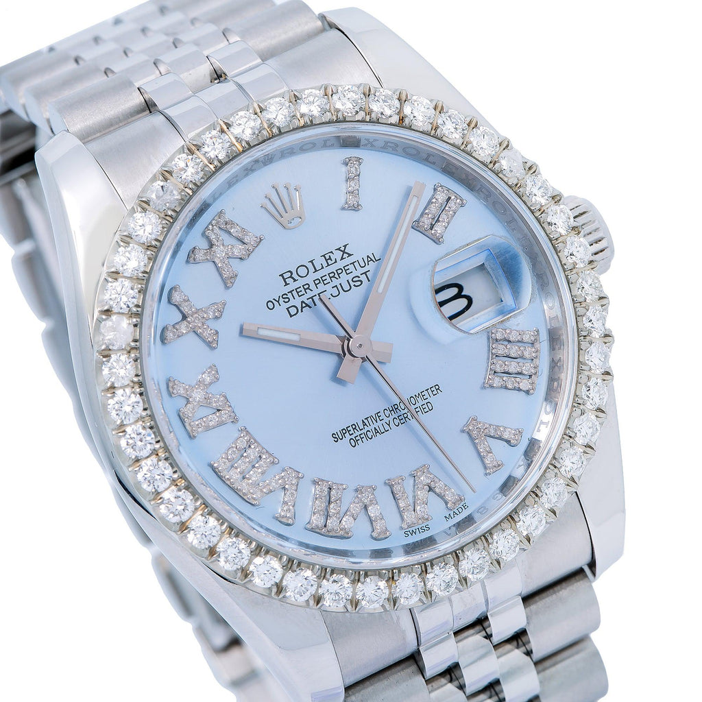 Pre-Owned Rolex Datejust 36MM 116234 Ice Blue Roman Diamond Dial Diamond Bezel Stainless Steel Jubilee Bracelet