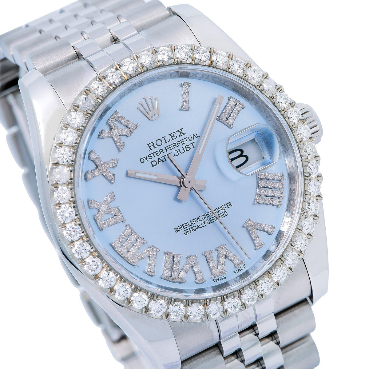 Pre-Owned Rolex Datejust 36MM 116234 Ice Blue Roman Diamond Dial Diamond Bezel Stainless Steel Jubilee Bracelet