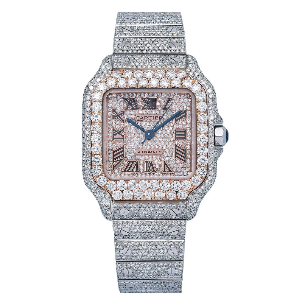 Pre-Owned Cartier Santos 35.1MM WSSA0029 Diamond Paved Rose Gold Roman Dial Rose Gold Diamond Bezel Stainless Steel Full Diamond Bracelet 18.75ct