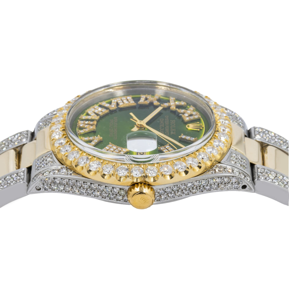 Pre-Owned Rolex Datejust 36MM 16233 Green Roman Diamond Dial Diamond Bezel Two Tone Yellow Gold Semi Diamond Oyster Bracelet
