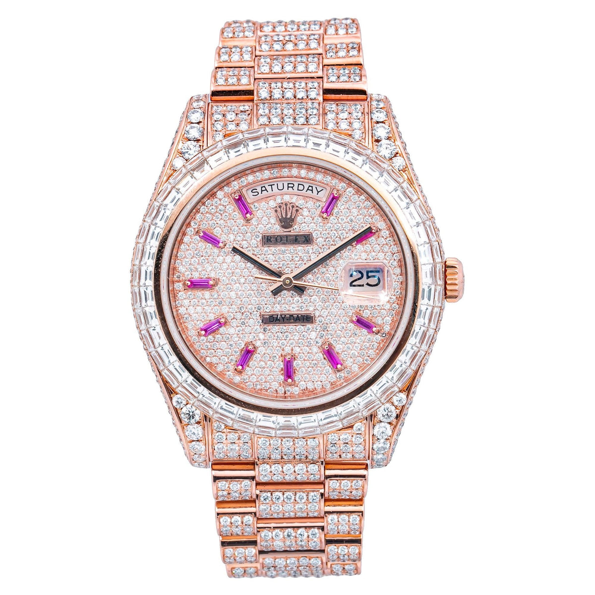 Pre-Owned Rolex Day-Date II 41MM 218235 Diamond Paved Pink Dial Diamond Bezel 18K Rose Gold Full Diamond President Bracelet 26.25ct