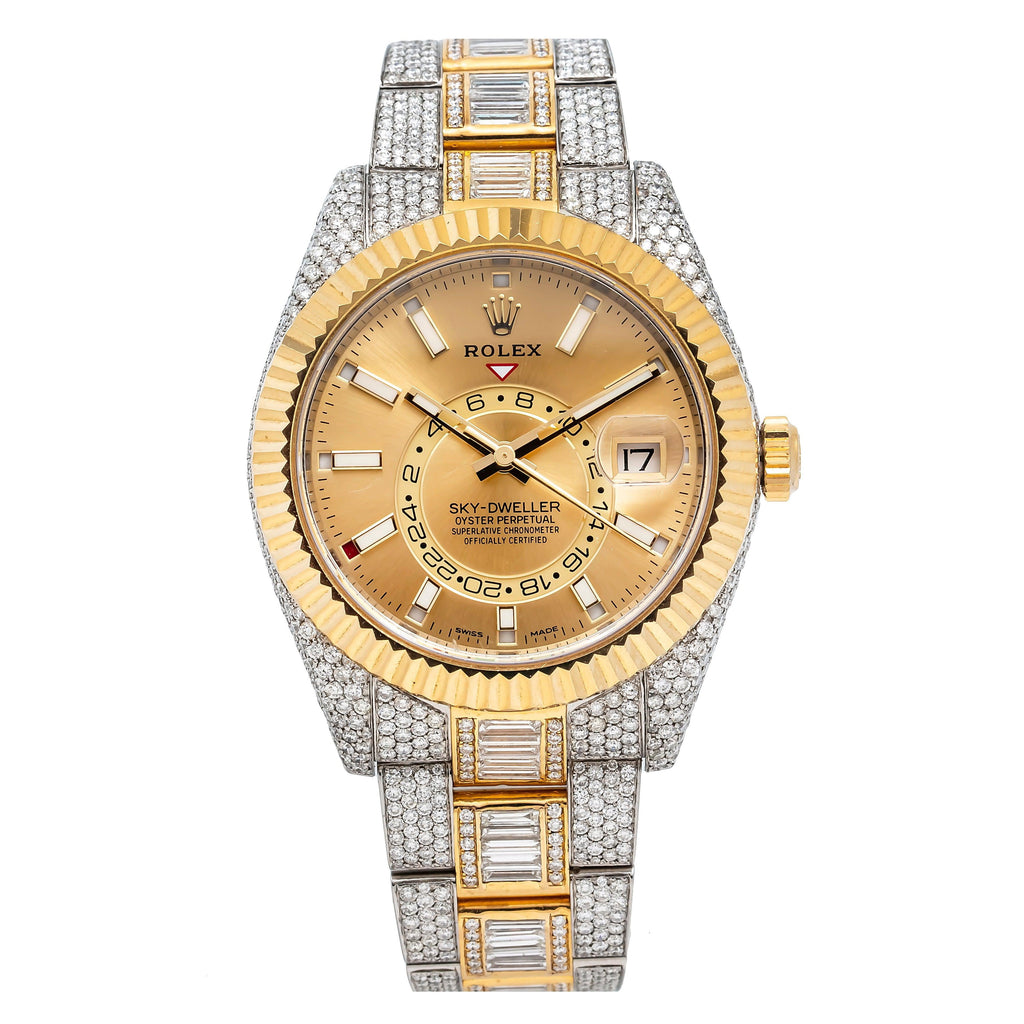 Pre-Owned Rolex Sky-Dweller 42MM 326933 Champagne Dial Fluted Bezel Two Tone Yellow Gold Full Diamond Oyster Bracelet 25.87ct
