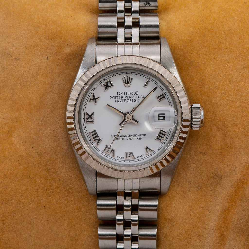 Pre-Owned Rolex Datejust 26MM 69174 White Roman Dial Fluted Bezel Stainless Steel Jubilee Bracelet