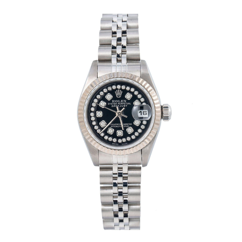 Pre-Owned Rolex Datejust 26MM 69174 Black Diamond Dial Fluted Bezel Stainless Steel Jubilee Bracelet