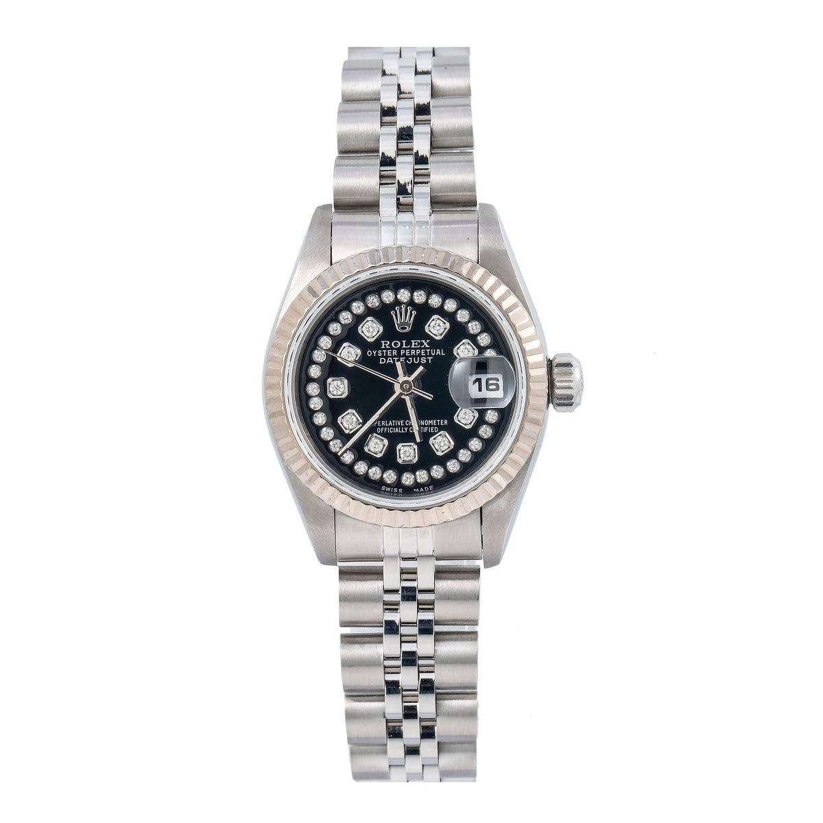 Pre-Owned Rolex Datejust 26MM 69174 Black Diamond Dial Fluted Bezel Stainless Steel Jubilee Bracelet
