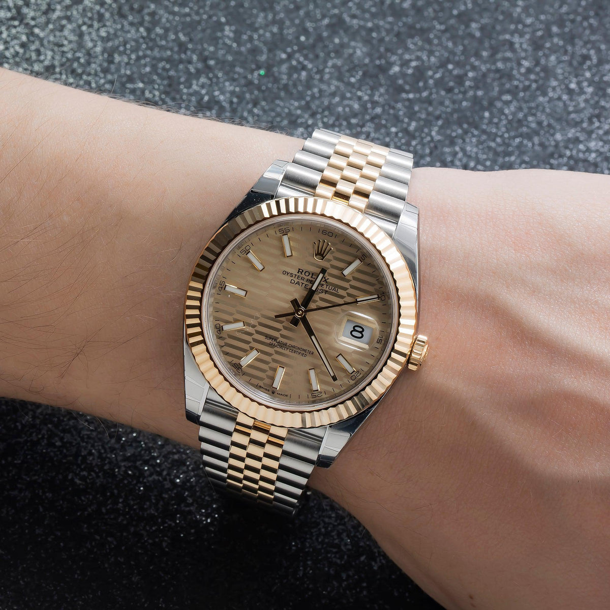 Pre-Owned Rolex Datejust 41MM 126333 Champagne Motif Dial Fluted Bezel Two Tone Yellow Gold Jubilee Bracelet