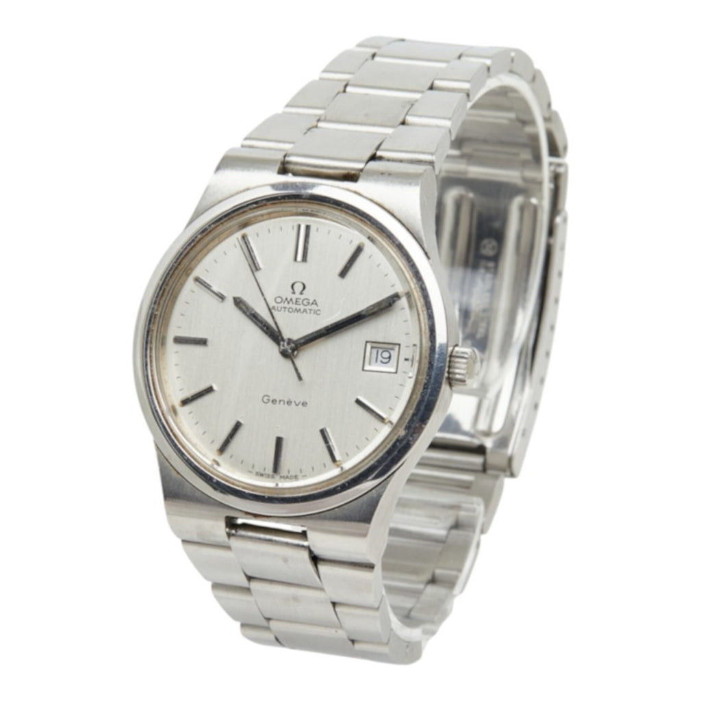 Pre-Owned Omega Geneve watch, Swiss-made quartz, silver dial, stainless steel, men's watch.
