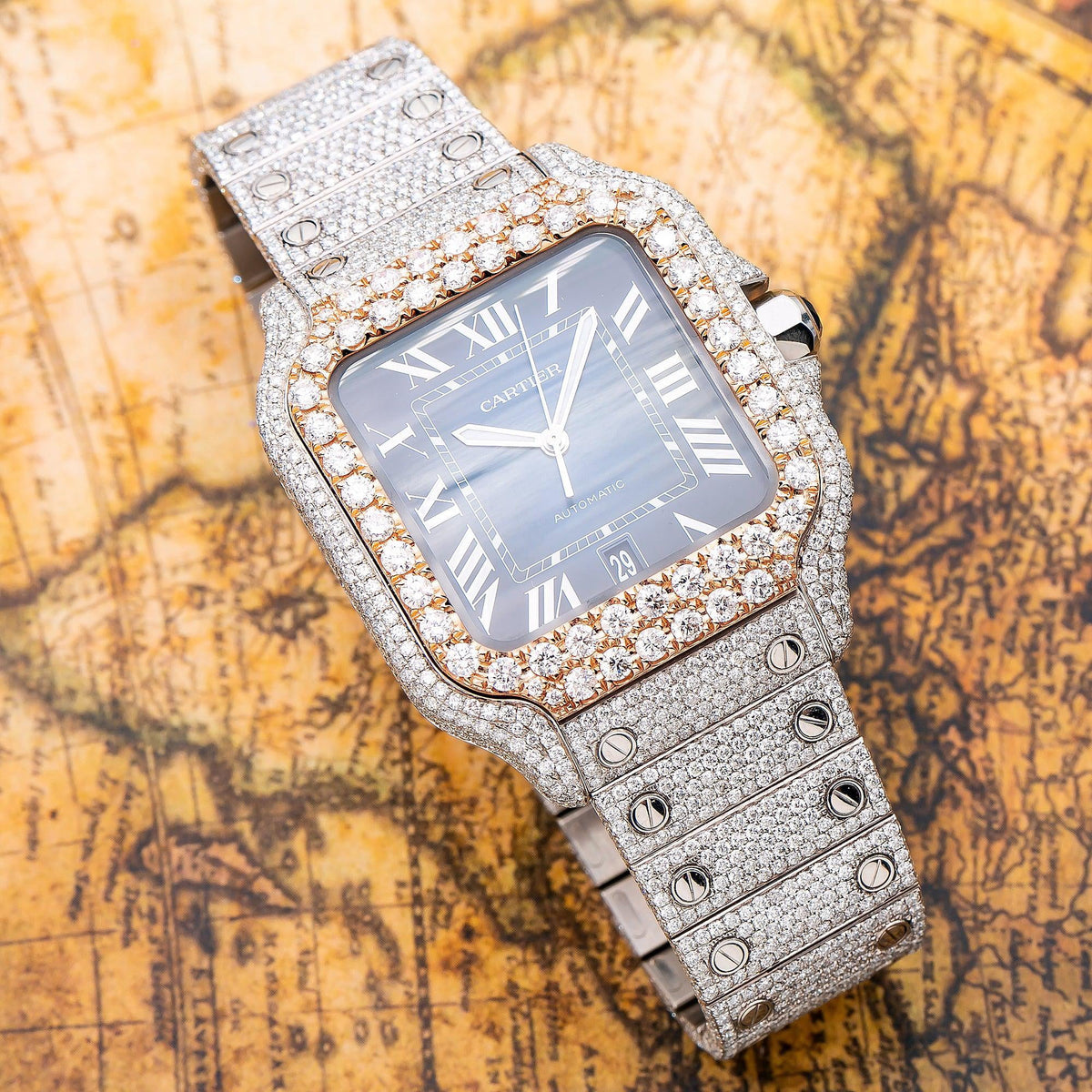 Pre-Owned Cartier Santos 39.8MM WSSA0030 Blue Roman Dial Rose Gold Diamond Bezel Stainless Steel Full Diamond Bracelet 17.95ct