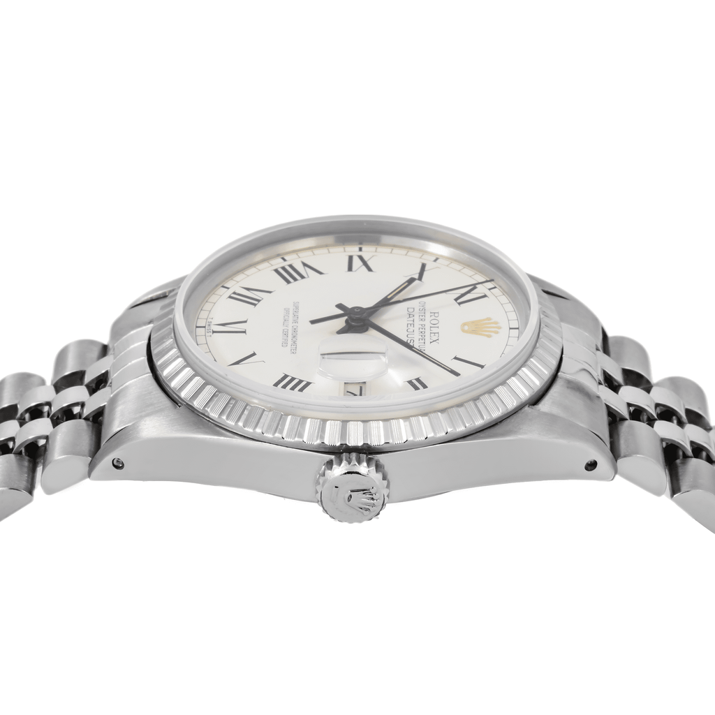 Pre-Owned Rolex Datejust 36MM 1603 White Roman Dial Engine Turned Bezel Stainless Steel Jubilee Bracelet