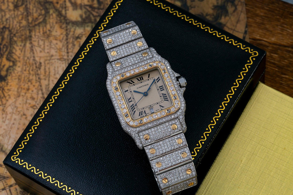Pre-Owned Cartier Santos Galbée 29MM 1566 Champagne Roman Dial Yellow Gold Diamond Bezel Two Tone Yellow Gold Full Diamond Bracelet