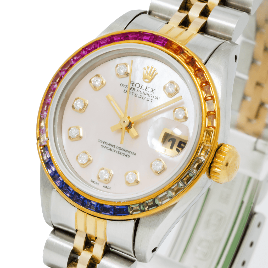 Pre-Owned Rolex Datejust 26MM 69173 Pink Mother of Pearl Diamond Dial Rainbow Gemstone Bezel Two Tone Yellow Gold Jubilee Bracelet 0.2ct