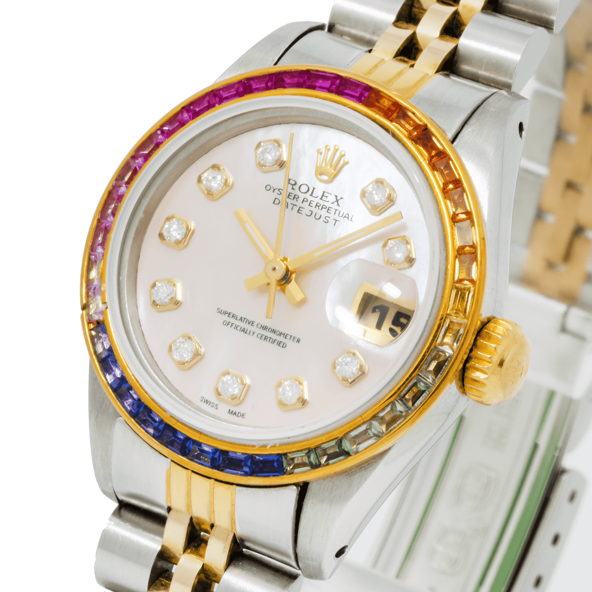 Pre-Owned Rolex Datejust 26MM 69173 Pink Mother of Pearl Diamond Dial Rainbow Gemstone Bezel Two Tone Yellow Gold Jubilee Bracelet 0.2ct