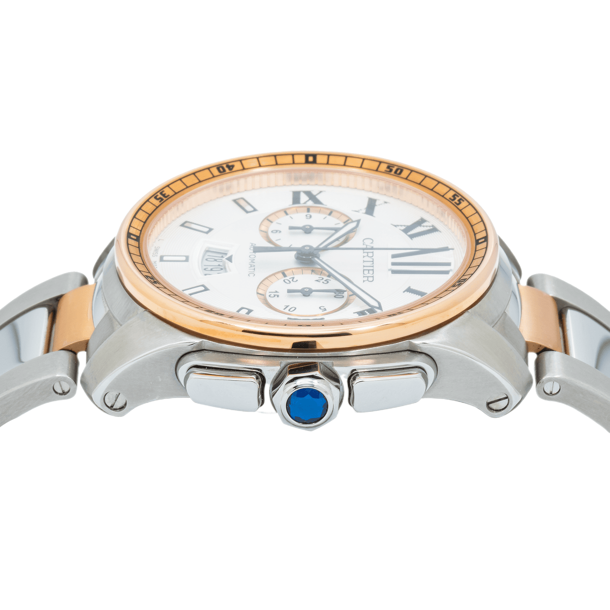 Pre-Owned Cartier Calibre 42MM W7100042 White Roman Dial Rose Gold Bezel Two Tone Rose Gold Bracelet
