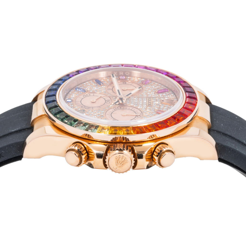 Pre-Owned Rolex Cosmograph Daytona 40MM 116515LN Diamond Paved Rainbow Hour Dial Rainbow Gemstone Bezel Black Oysterflex Strap
