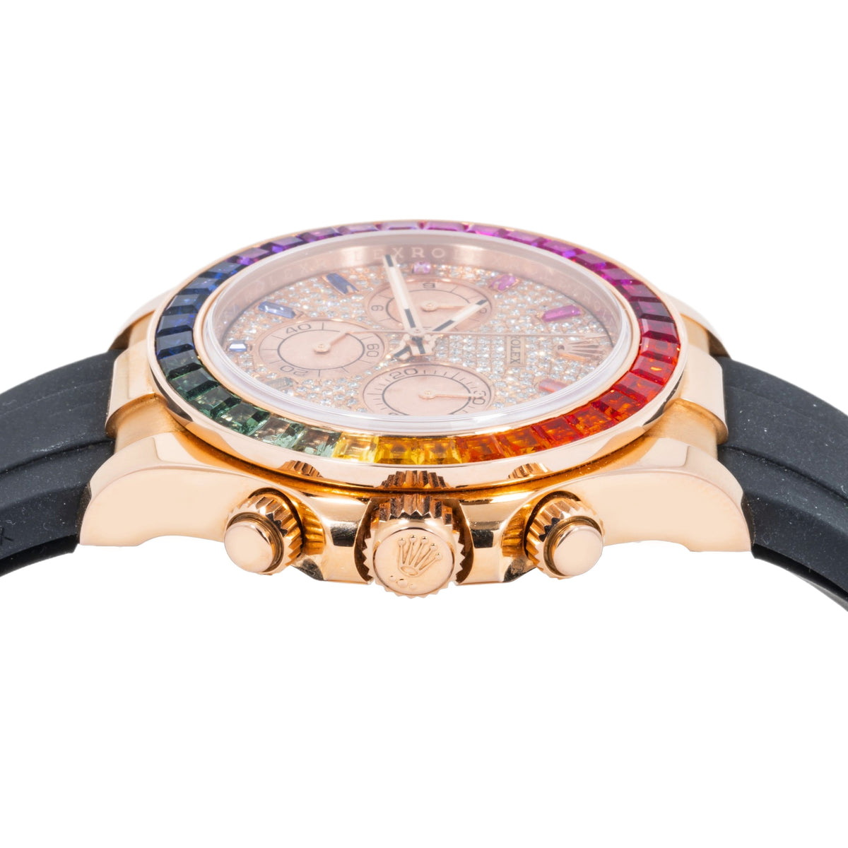 Pre-Owned Rolex Cosmograph Daytona 40MM 116515LN Diamond Paved Rainbow Hour Dial Rainbow Gemstone Bezel Black Oysterflex Strap