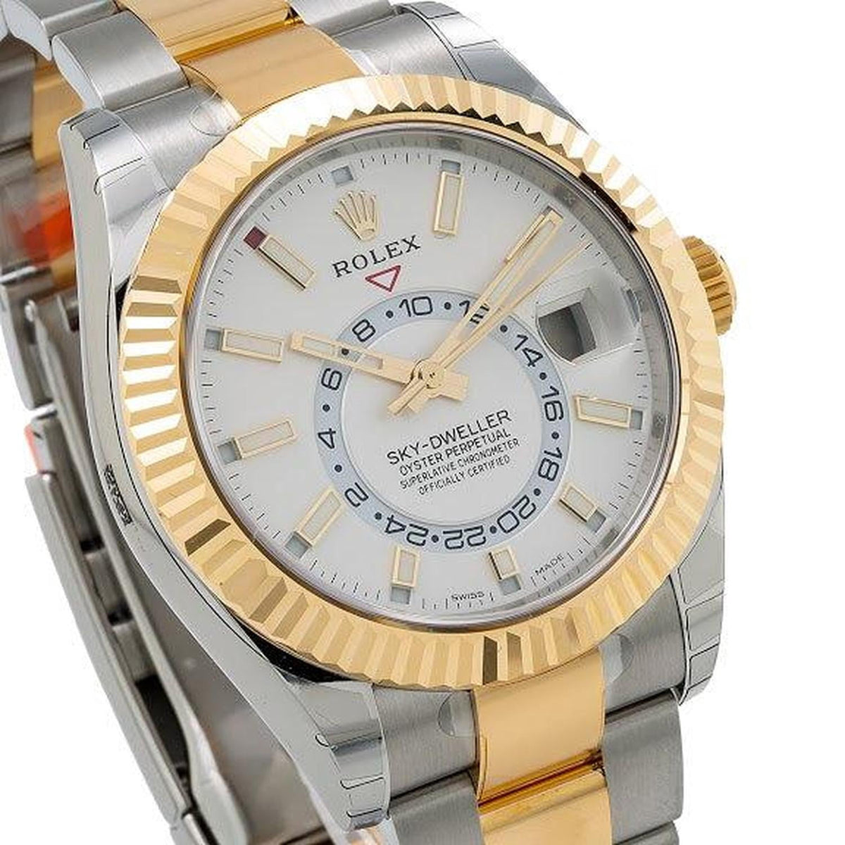 Pre-Owned Rolex Sky-Dweller 42MM 326933 White Dial Fluted Bezel Two Tone Yellow Gold Oyster Bracelet