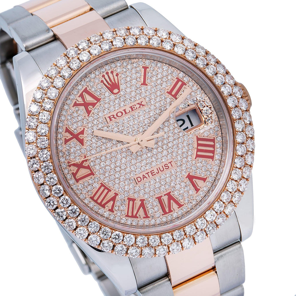 Pre-Owned Rolex Datejust 41MM 126331 Diamond Paved Red Roman Dial Diamond Bezel Two Tone Rose Gold Oyster Bracelet