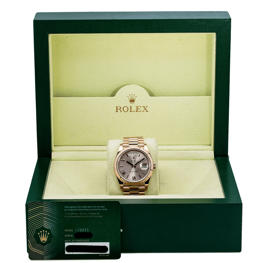 Pre-Owned Rolex Day-Date 40MM 228235 Sundust Roman Dial Fluted Bezel 18K Rose Gold President Bracelet