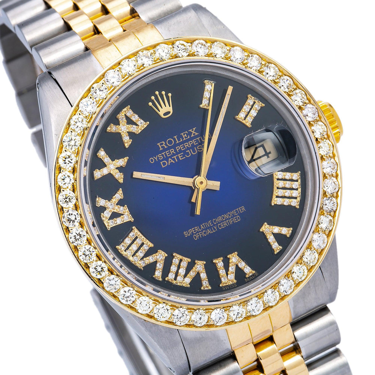 Pre-Owned Rolex Datejust 36MM 16233 Blue Roman Diamond Dial Diamond Bezel Two Tone Yellow Gold Jubilee Bracelet 1.35ct