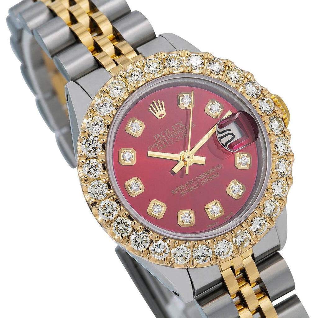 Pre-Owned Rolex Datejust 26MM 69173 Red Diamond Dial Diamond Bezel Two Tone Yellow Gold Jubilee Bracelet