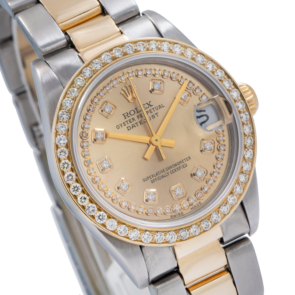 Pre-Owned Rolex Datejust 31MM 68273 Champagne Diamond Dial Diamond Bezel Two Tone Yellow Gold Oyster Bracelet