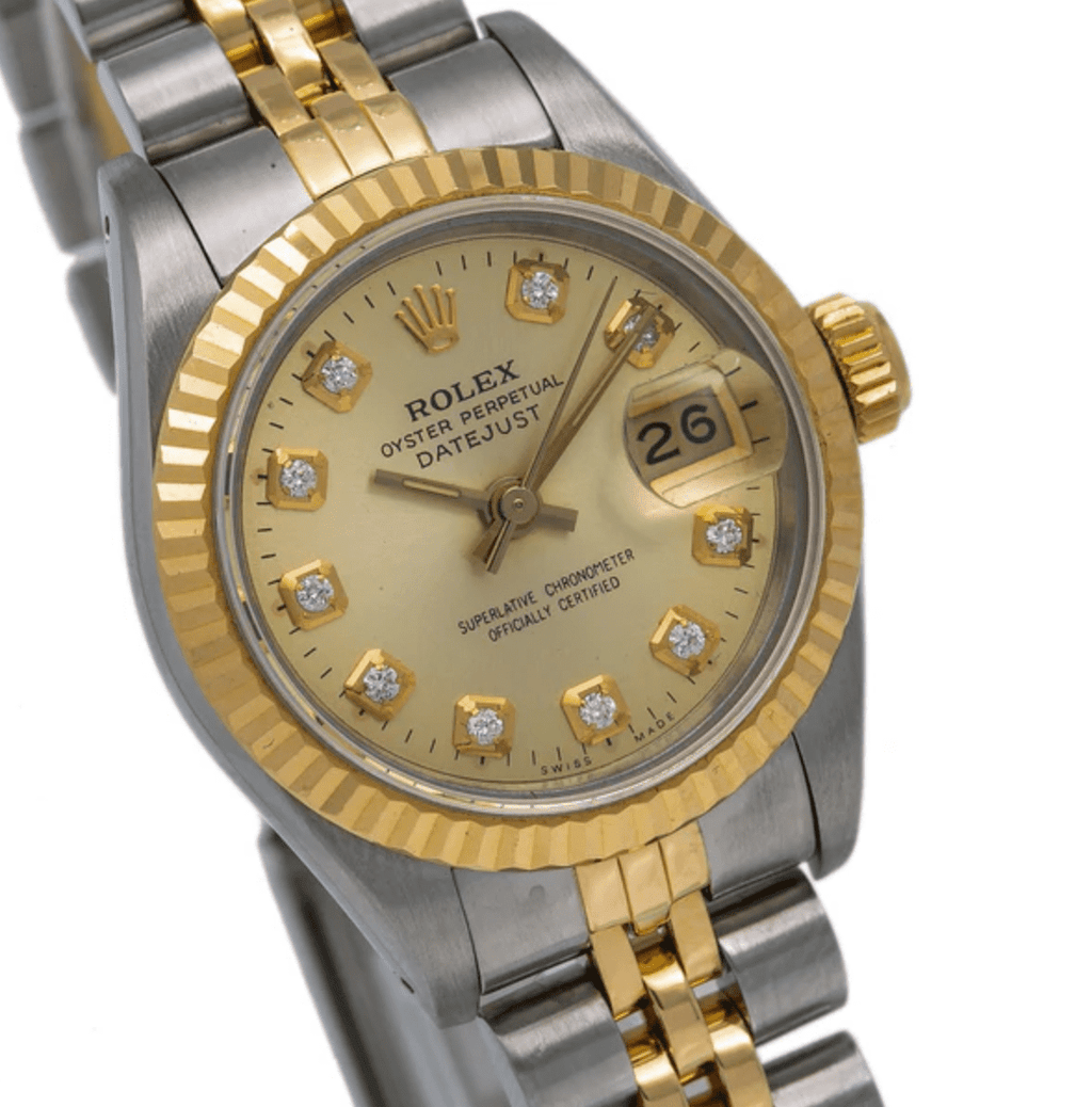 Pre-Owned Rolex Lady-Datejust 26mm â€“ 69173, Champagne Diamond Dial, 18k Yellow Gold & Stainless Steel Jubilee Bracelet