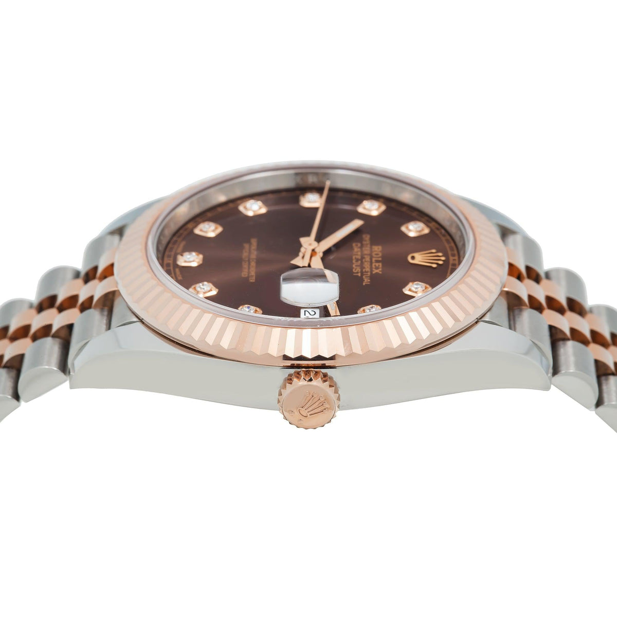 Pre-Owned Rolex Datejust 41MM 126331 Chocolate Diamond Dial Fluted Bezel Two Tone Rose Gold Jubilee Bracelet