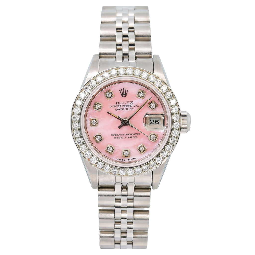 Pre-Owned Rolex Datejust 26MM 6916 Pink Mother of Pearl Diamond Dial Diamond Bezel Stainless Steel Jubilee Bracelet